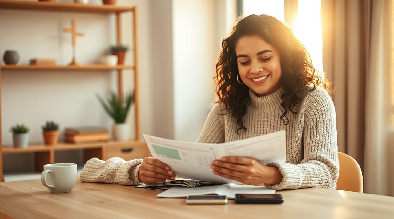 Mujer revisando con calma sus deudas y plan de pagos en casa