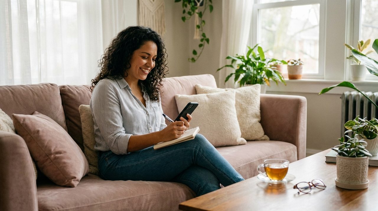Mujer planificando sus finanzas personales desde casa con su teléfono y una libreta
