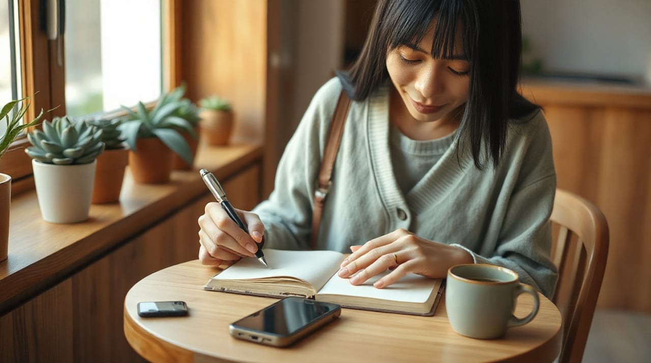 Mujer latina de ascendencia japonesa, de unos treinta años revisando su control de gastos mensual en la mesa de una cafetería
