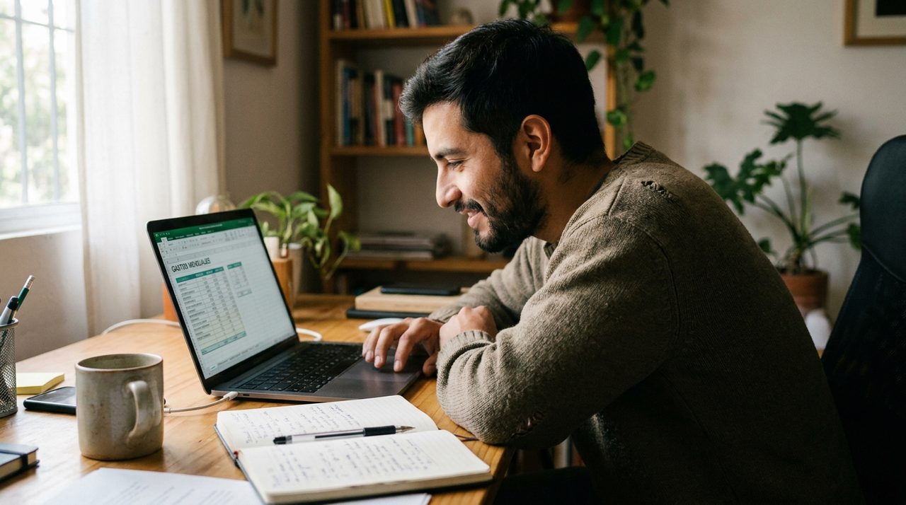 Persona organizando sus gastos en una plantilla de Excel en su laptop