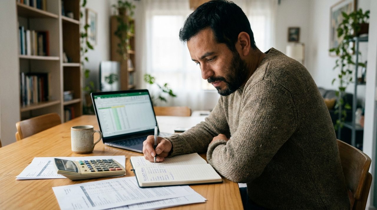 Persona haciendo su presupuesto personal del mes con libreta y calculadora