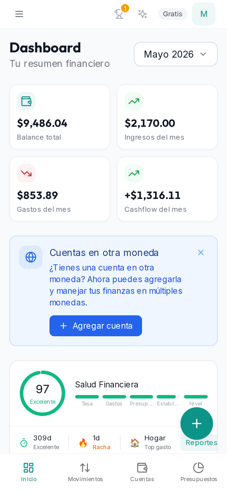 Sumak Finanzas: dashboard con saldo, cashflow del mes y movimientos recientes